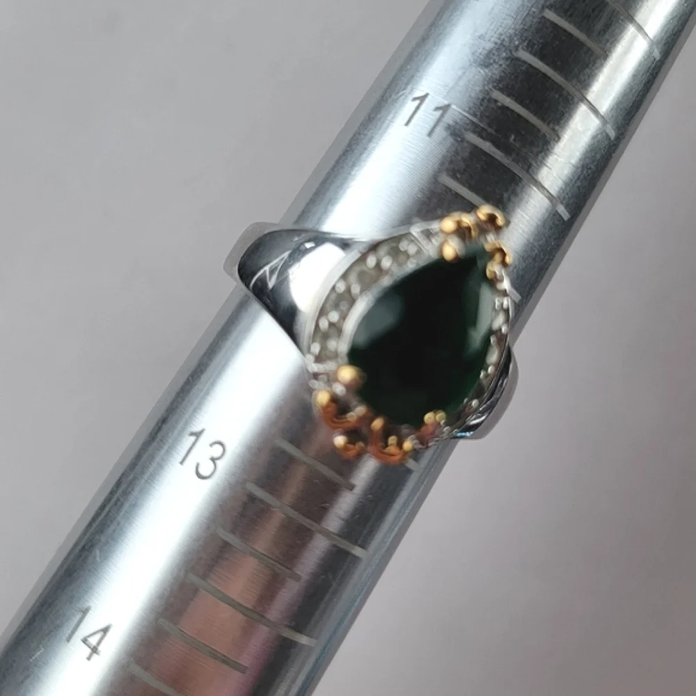 Emerald Teardrop Silver Ring Simulated Diamond Gemstone Gold Tone Accent sz 12